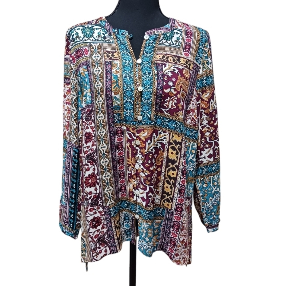 J. Jill Patchwork Print Tunic Blouse Lagenlook Cottage - Picture 3 of 14